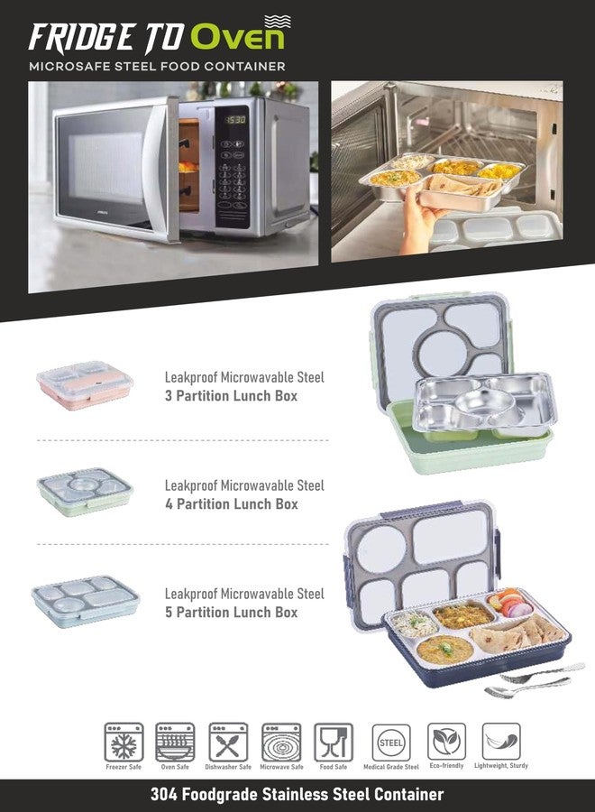 Celltone Fridge to Oven Microwave Safe Stainless Steel Reusable Food Storage Lunch Box with Leak-Proof and Airtight Lids (3 Partition Lunch Box, Green) - Image 5